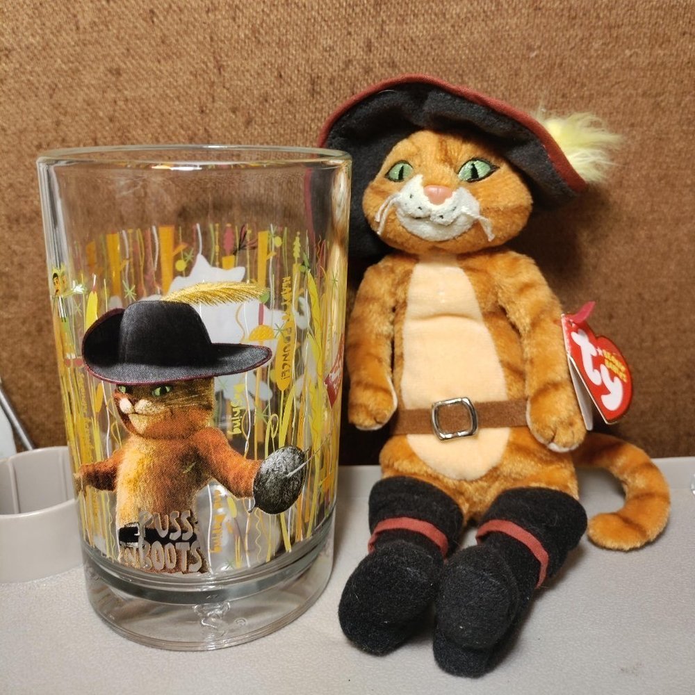 Puss in Boots TY Beanie Baby & McDonalds Collectiable Drinking Glass